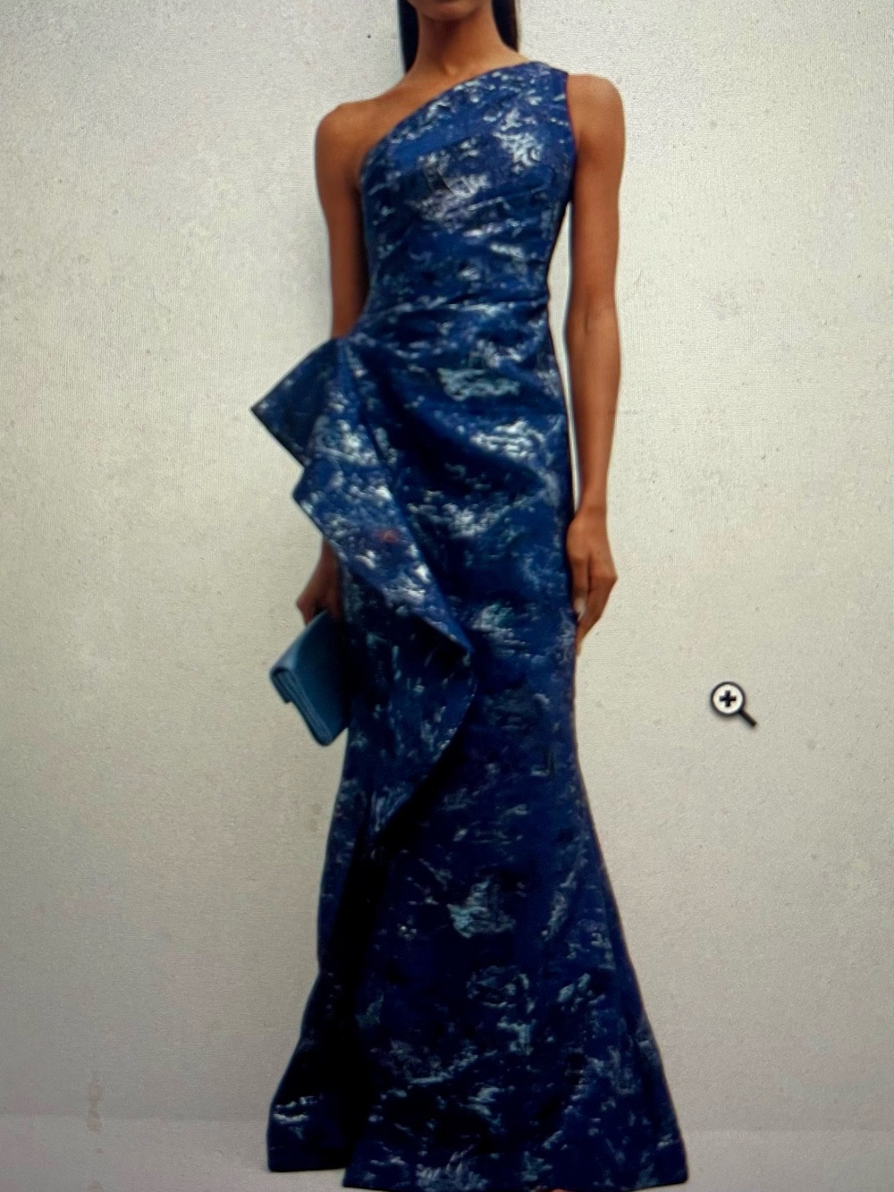 Rickie Freeman for Teri Jon One-Shoulder Jacquard Gown in Navy Blue